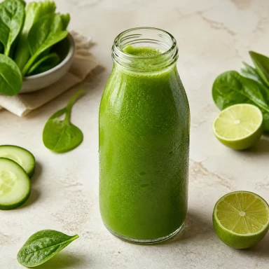 Garrafa de suco verde natural com frutas e folhas.