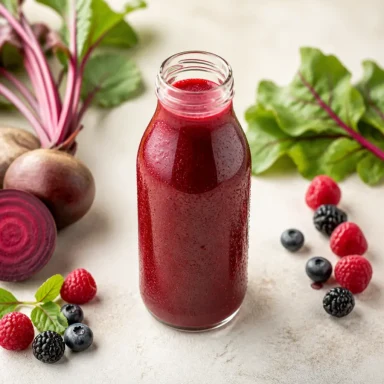 Garrafa de suco vermelho natural com frutas.